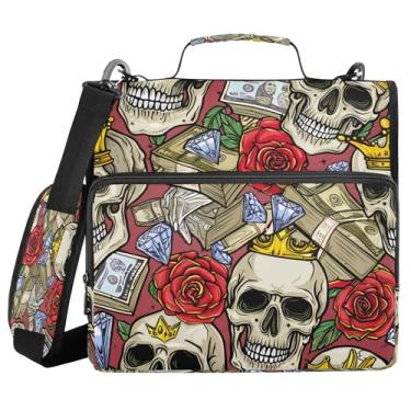 Imagem de SEHANY Fichário com zíper de caveira e flor com alça de ombro, capacidade para 500 folhas, vários bolsos, 3,8 cm, fichário com zíper com 3 anéis