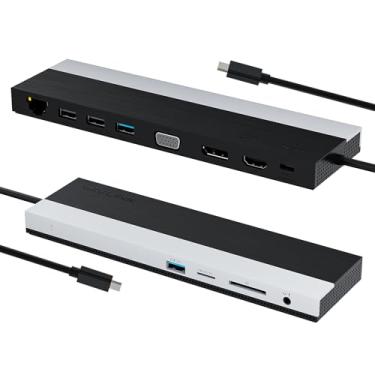 Imagem de Estação de ancoragem USB C, 3 monitores, estação de ancoragem WAVLINK 4K @ 30Hz para monitor triplo com DP+ HDMI+ VGA, 2 x USB3.0, 2 x USB2.0, PD100W, Gigabit Ethernet, TP/SD, conector de áudio de 3,5