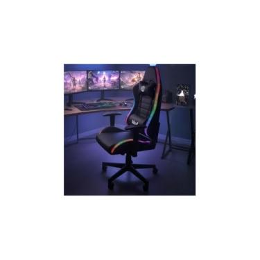 Imagem de Cadeira Gamer Giratória com Luzes RGB, Couro Sintético, Preta e Branca, Reclinação 180°, Elevação a Gás, Base Nylon 350mm, Suporta 120kg