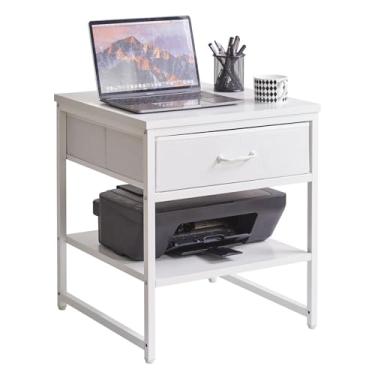 Imagem de Aibiju Mesa lateral grande para sala de estar, mesa de canto com gavetas, suporte de geladeira para impressora com prateleiras ajustáveis, mesa de centro quadrada de escritório branca YD-TM156W