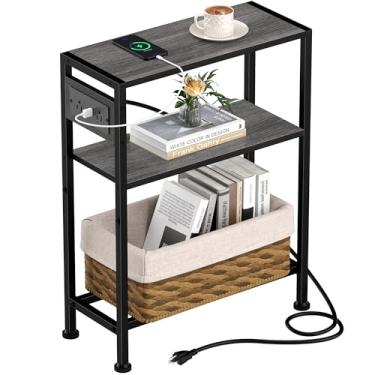 Imagem de Mesa lateral pequena e estreita com estação de carregamento, mesa de canto fina para espaços pequenos, mesa de cabeceira fina com tomadas, mesa de cabeceira de sofá na sala de estar, quarto