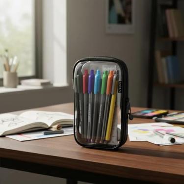 Imagem de Estojo Box Cristal, Plástico, 50 Compartimentos para Lápis e Canetas, 22x16x6 cm, 2 Compartimentos, Transparente (Preto)