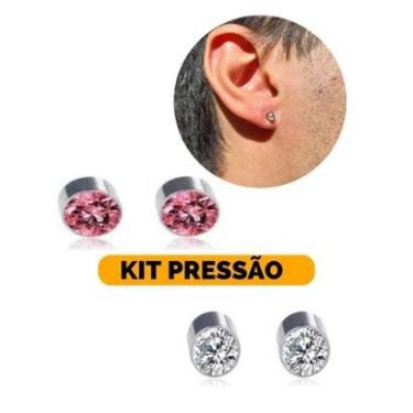 Imagem de Kit Brinco Masculino Pressão Magnético Ponto Luz 4mm Aço Inoxidável   Rosa Cristal-Unissex