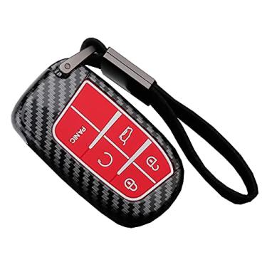 Imagem de Capa para chaveiro para Jeep Grand Cherokee Renegade Chrysler 200 300 Dodge RAM Durango Charger Challenger Journey Dart Fiat 5 botões sem chave, suporte remoto padrão de fibra de carbono ABS (vermelho)