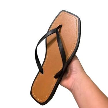 Imagem de Chinelo Feminino Bico Quadrado – Sandália Rasteira Confortável para Verão, Estilo Casual e Versátil(Preto,35)