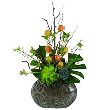 Imagem de LMJYU Flores artificiais flores artificiais com vaso, flores falsas arranjo de flores de seda para casa fazenda mesa escritório festa de casamento decorações internas flores