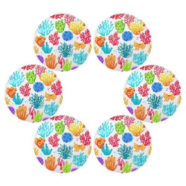 Imagem de Wassud Jogo americano conjunto de 6 tapetes de mesa redondos coloridos de recife de coral para cozinha e jantar tapetes laváveis resistentes ao calor para decoração de mesa 39 cm