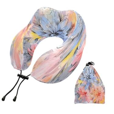 Imagem de CEBUGI Travesseiros de viagem portáteis em forma de U, travesseiro de pescoço de espuma viscoelástica com trava de corda ajustável para avião, viagem, trem, negócios, escritório, soneca (floral)