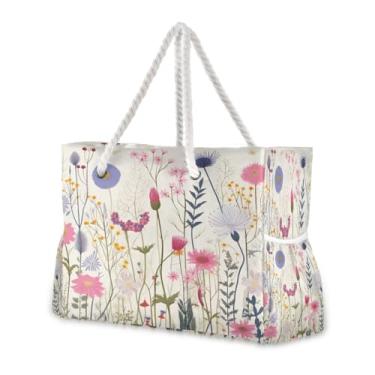 Imagem de Wassud Bolsa de praia colorida floral selvagem grande bolsa de praia para mulheres à prova d'água à prova de areia bolsa de viagem com zíper e bolso piscina academia acampamento bolsa