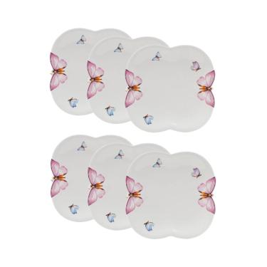 Imagem de Cj 6 Pratos para Sobremesa de Porcelana Branca Borboletas 19cm Wolff