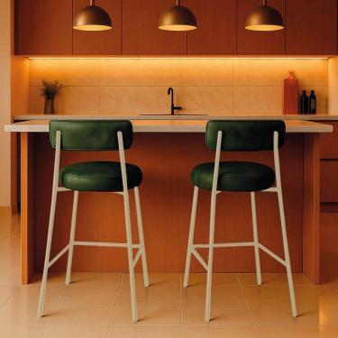Imagem de Banqueta Cozinha Alta Com Encosto Industrial Champanhe Kit 2 Londres Pu Verde D03 - D`rossi