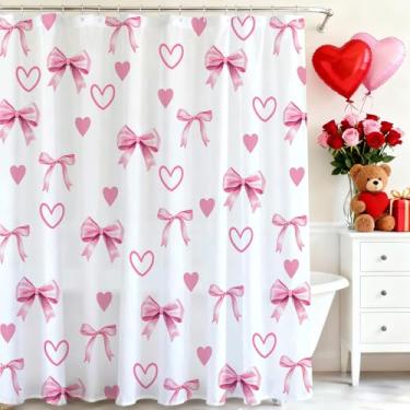 Imagem de Mocsicka Cortina de chuveiro para dia dos namorados, preto, rosa, laço amor, coração, banheiro, cortina de chuveiro de tecido impermeável, decoração de banheira com 12 ganchos 182 x 182 cm (branca)