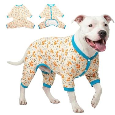 Imagem de LovinPet Pitbull Jammies - Tecido de flanela leve e elástico, estampa de raposa bronzeada, macacão de cachorro grande, camisa de proteção UV, fácil de usar, roupas adoráveis para cães grandes, 2GG