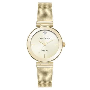 Imagem de Anne Klein Relógio feminino genuíno com pulseira de malha com mostrador de diamante, Dourado