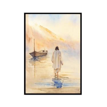 Imagem de Aquarela Jesus Retrato Deus Cristão Arte de Parede Cristo Impressão em Tela Pintura Imagens de Parede para Sala de Estar Decoração de Casa (SKU1,40.6x60 cm), Moldura preta