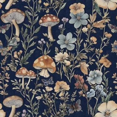 Imagem de Froluya Papel de parede de cogumelo descasque e cole papel de parede floral azul escuro 43 cm x 196,8 cm Papel de parede azul-marinho para banheiro vintage Boho autoadesivo removível papel de parede