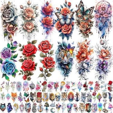 Imagem de 69 folhas de aquarela, 3D, flores rosas, tatuagens temporárias para mulheres, meninas e adultos, adesivos de tatuagem falsos florais de peônia realista, apanhador de sonhos, colorido a granel, manga