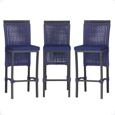 Imagem de 3 Banqueta Em Alumínio Roma Preta Corda Náutica Tecido 10 Azul