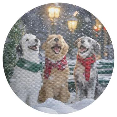 Imagem de Jogo americano redondo alegre para cães de Natal de 38 cm, conjunto de tapetes de jantar de PVC com 1 decoração de mesa para sala de jantar, tapetes de mesa laváveis