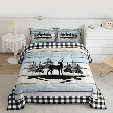 Imagem de Feelyou Conjunto de cama queen com estampa de cervo rústica, camponesa rústica, de microfibra, preto e branco, xadrez de búfalo, para decoração de quarto com 2 fronhas