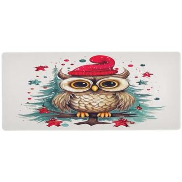 Imagem de Wassud Coruja fofa com chapéu de Natal, mouse pad para jogos com base de borracha antiderrapante, mouse pad longo com borda costurada, almofada grande impermeável para escritório, casa, 80 x 39,9 cm