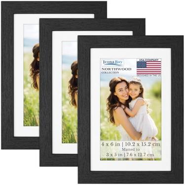 Imagem de Icona Bay - Molduras para fotos 10 x 15 cm com tapete removível para fotos de 7 x 12 cm - bálsamo preto, pacote com 3 - estilo moderno de grão de madeira com folha de capa à prova de estilhaçamento