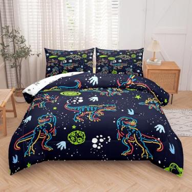 Imagem de MWMWMW Jogo de cama de dinossauro, solteiro, para meninos, crianças, com 1 edredom, 1 lençol de cima, 1 lençol com elástico e 2 fronhas