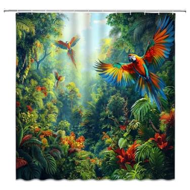 Imagem de ASVEAS Cortina de chuveiro de papagaios tropicais, pássaros da selva, folhas verdes, tecido de verão para decoração de banheiro, banheira com ganchos (177.8 cm WX70 H)