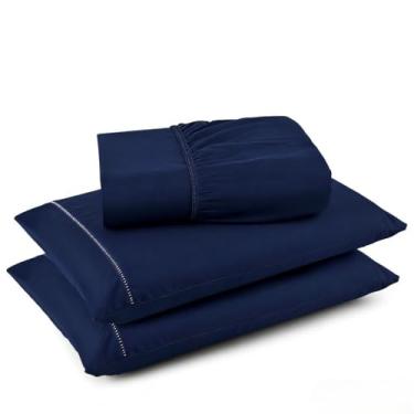 Imagem de Conjuntos de Roupas de Cama 3 peças Fronha Ponto Palito Tecido Macio (Marinho,Solteiro)