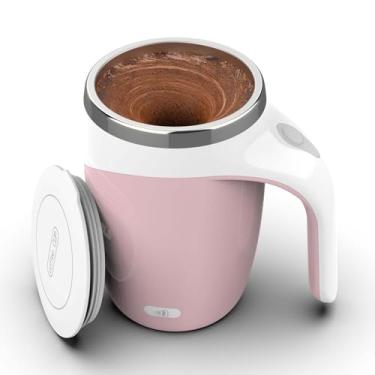 Imagem de CYANLUX Caneca de café com agitação automática, caneca magnética automática com tampa, copo de mistura elétrica de aço inoxidável recarregável para chá com leite (rosa)