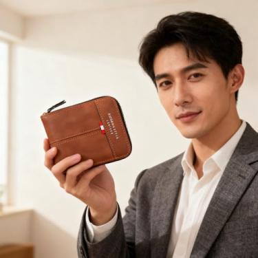 Imagem de Carteira masculina dobrável com zíper, resistente ao desgaste, clipe para dinheiro e bolso para moedas, carteira masculina de couro retrô, Marrom, Simples
