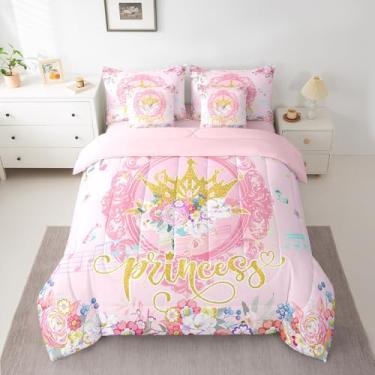 Imagem de Conjunto de cama infantil de princesa rosa, 7 peças, solteiro, coroa de princesa, para decoração de quarto de meninos e meninas, conjunto de cama floral botânica, inclui edredom, conjunto de lençol