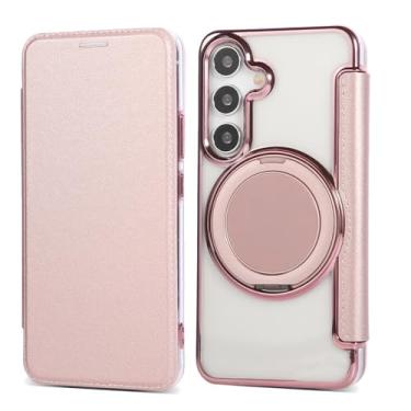 Imagem de Capa carteira para Samsung Galaxy S25 com 3 compartimentos para cartão, bloqueio RFID, suporte de anel giratório de 360° e compatibilidade magnética, capa traseira transparente à prova de choque