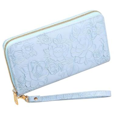 Imagem de Carteira feminina longa dobrável de couro com porta-cartões com fivela com zíper elegante clutch carteira feminina, Azul, Tendência