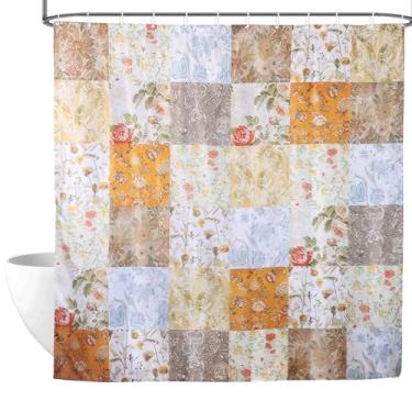 Imagem de Cortina de chuveiro floral boho patchwork, 188 x 188 cm, cortinas de chuveiro retrô floral, vintage, para banheiras, conjunto de cortina de tecido impermeável com 12 ganchos, decoração de banheiro com