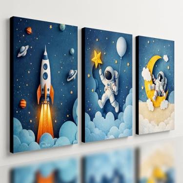Imagem de Kit 3 Quadro Decorativo Galáxia Astronauta Infantil Criança Qualidade Premium Moderno (40x28cm)