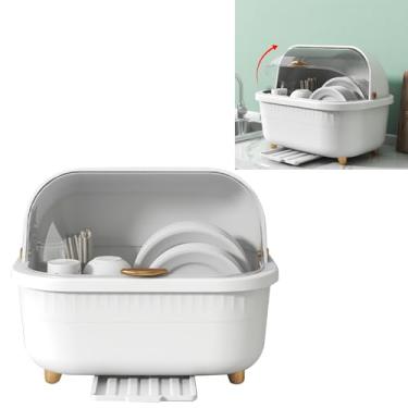 Imagem de GLOGLOW Caixa de Secagem de Prato de Plástico Com Tampa, Escorredor Compacto Multifuncional para Armazenamento de Cozinha e Organização de Armazenamento de Cozinha (Branco Médio, Altura: Aprox. 36
