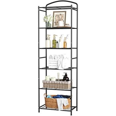 Imagem de Prateleira de banheiro de metal Homedfort, suporte de torre de 6 níveis, organizador de armazenamento independente, unidade de prateleira de metal com prateleiras duráveis de 6 níveis para banheiro, cozinha, sala de estar, lavanderia Preto