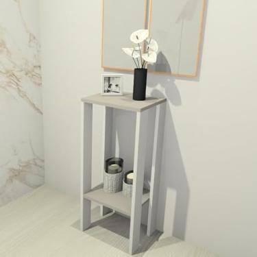 Imagem de Mesinha Alta Multifuncional MDF Durável Mesa de Canto Apoio Bebedouro para Sala Quarto Cozinha Ideal para Apartamentos(BRANCO E CINZA)