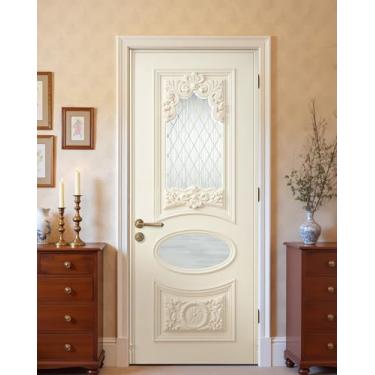 Imagem de FLFK Adesivo decorativo para mural de porta, estilo vitoriano com painéis de vidro, adesivo autoadesivo, 81 x 203 cm, branco creme, dividido em 2 peças