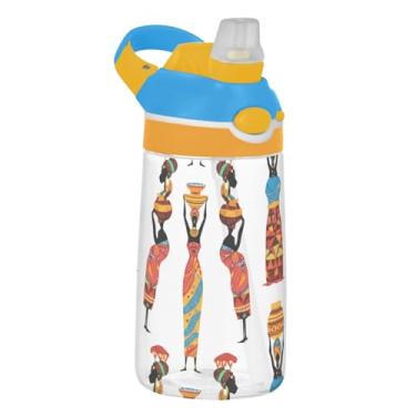Imagem de Garrafa de água esportiva infantil branca de desenho feminino africano elegante para escola, 473 ml, garrafa de água Tritan de 473 ml com canudo, copo de viagem reutilizável para crianças, à prova de
