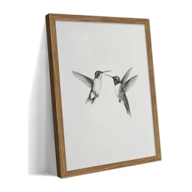 Imagem de Impressão em tela de beija-flor emoldurada de arte de parede vintage, decoração de parede de pássaros de fazenda moderna, imagem de pintura de esboço de sala de estar, decoração minimalista de quarto