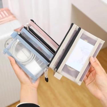 Imagem de 5 bolsas de malha com zíper, bolsa pequena de nylon de duas camadas, porta-chaves, porta-moedas, porta-cartões, bolsa portátil de viagem, maquiagem cosmética, bolsa com zíper para batom, fone de