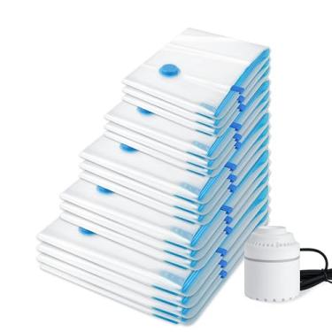 Imagem de Pacote com 24 sacos de armazenamento a vácuo com bomba elétrica, sacos economizadores de espaço (5 Jumbo/5 grandes/5 médios/5 pequenos/4 rolos), compressão para edredons e cobertores, armazenamento de
