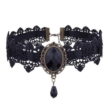 Imagem de ANGLEQUEEN Gargantilha de renda para mulheres, colar de renda gótica de Halloween, colar gótico punk com strass, joias de formatura, dia das bruxas, vampiro, gargantilha para fantasia, acessórios de