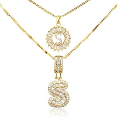 Imagem de MINDEKA Pacote com 2 colares femininos com inicial de zircônia cúbica banhada a ouro 14K, joias delicadas com inicial inicial para mulheres, colar com pingente de alfabeto A-Z personalizado, 18"+2