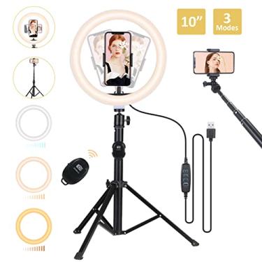 Imagem de Conjunto de Luz Anel Regulável com Tripé Controle Remoto BT 3 Modos Iluminação 10 Níveis Brilho 120 LEDs Lâmpada para Câmera Fotografia Maquiagem Self