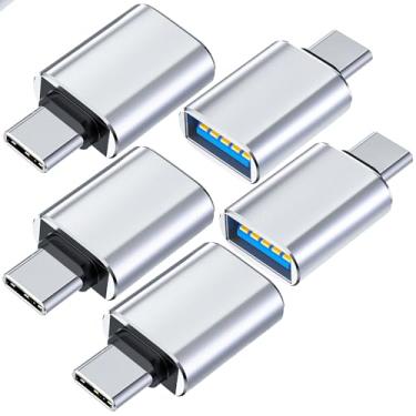 Imagem de Pacote com 5 adaptadores USB para USB C fêmea para USB A 3.0 macho, carregador conversor tipo C para iPhone 17 Pro Max, 16 15, Apple Watch iWatch S11 S10 SE, AirPods 3, iPad, Samsung Galaxy S25, prata