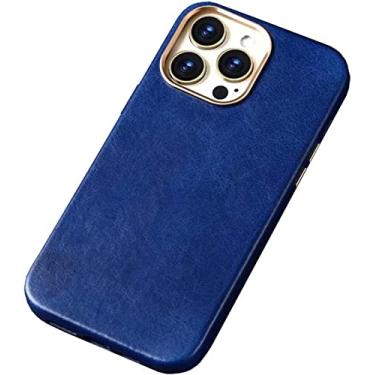 Imagem de GANYUU Capa traseira de telefone de couro de vaca de cera de óleo, para Apple iPhone 14 Plus 2022 capa retrô resistente a arranhões [carregamento sem fio] (cor: azul escuro)
