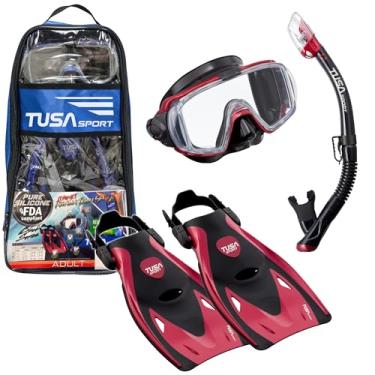 Imagem de TUSA Sport – Máscara para adultos, série preta, Visio, tri-ex, snorkel seco e conjunto de viagem com nadadeiras, preto/vermelho metálico, médio